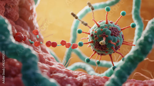 Virus interacting with cellular environment, depicted in a microscopic view