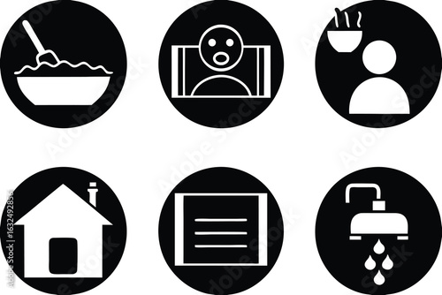 Set of high quality icons Six White Icons on Black Circles Showing Food Baby House Windows and Shower vector illustration