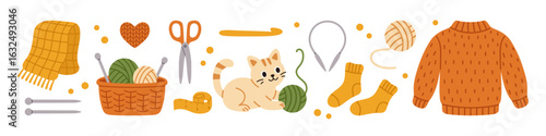 Vector cute knitting themed collection with playful kitten, cozy sweater, yarn balls, knitting tools. Illustration perfect for craft related designs, autumn vibes. Set of knitting elements.