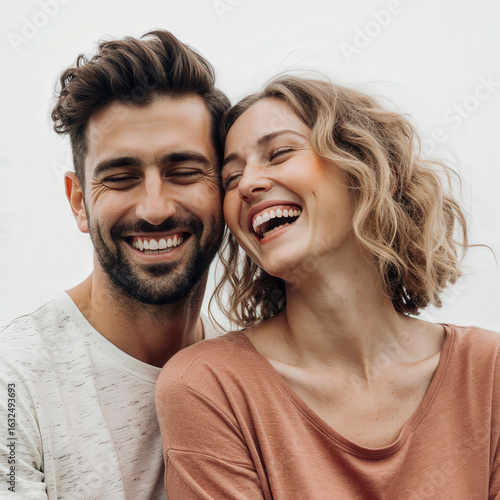 Genuine Laughter: A captivating couple shares a moment of authentic joy, their faces lit with infectious laughter, eyes sparkling with happiness. 