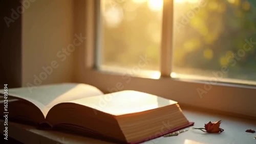 Wallpaper Mural A book lying open on a cozy, sun-drenched window seat with a warm, inviting glow.
 Torontodigital.ca