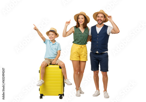 A cheerful boy on a yellow suitcase points ahead, flanked by his smiling parents, all dressed in vibrant travel outfits PNG.