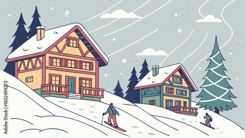 Illustration of winter scene with ski chalets skiers and snow covered trees on a snowy hillside landscape