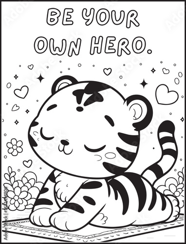 Animal-themed coloring page for kids and adults: Motivational quote to color: Cute tiger doing yoga
