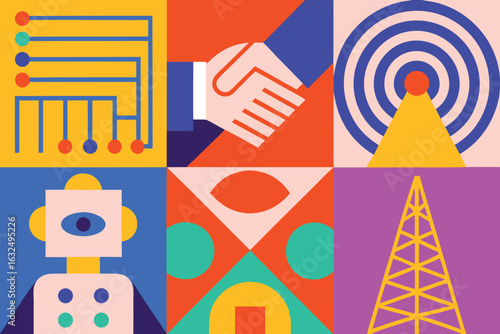 Set of high quality icons Vibrant Geometric Grid with Technology and Business Icons vector illustration