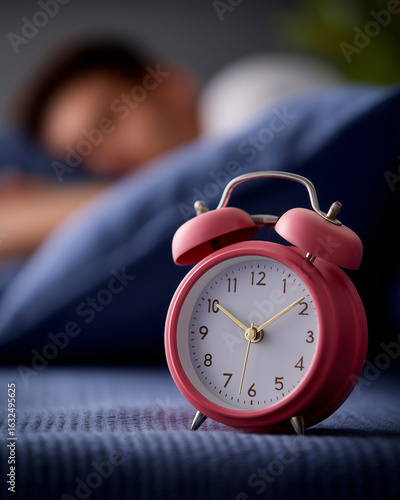 Wallpaper Mural A person sleeps peacefully with the alarm clock. A wake-up alarm clock in the bedroom, symbolizing the beginning of the day. A red alarm clock and a person in a peaceful sleep state. Torontodigital.ca