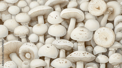 A dense arrangement of white mushrooms with visible gills caps