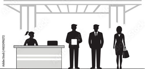 People waiting at a counter with a structural overhead element reception business