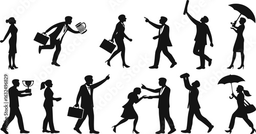 Business professionals in various actions and scenarios people silhouettes