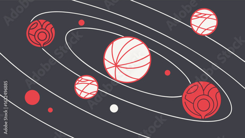 Illustration of planets orbiting a central object on a dark background with white orbit lines