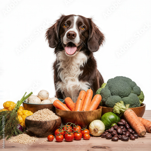 Dog's balanced diet: A charming spaniel dog sits proudly among a colorful array of fresh, wholesome food, vegetables, grains, and protein sources