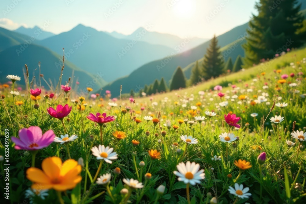 Obraz premium Carpet of wildflowers, dew-kissed petals, sunlit hillside , fresh, nature, meadow