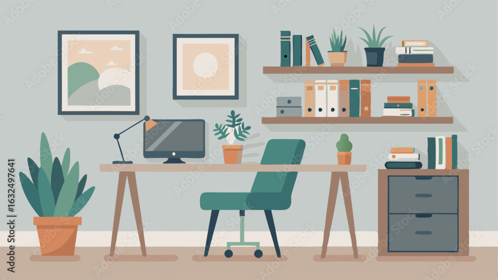 Fototapeta premium A home office with a simple wooden desk and a comfortable gray desk chair. The walls are adorned with motivational quotes in simple frames and there is a shelf filled with books