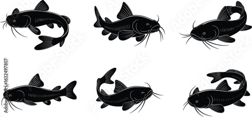 A diverse collection of black catfish illustrations, showcasing the whiskered fish in various dynamic swimming poses, perfect for aquatic and fishing-themed designs, on a white background