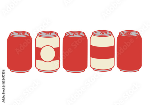A row of five soda cans with different designs isolated on white background, showcasing a variety of colors and patterns, perfect for illustrating beverage options