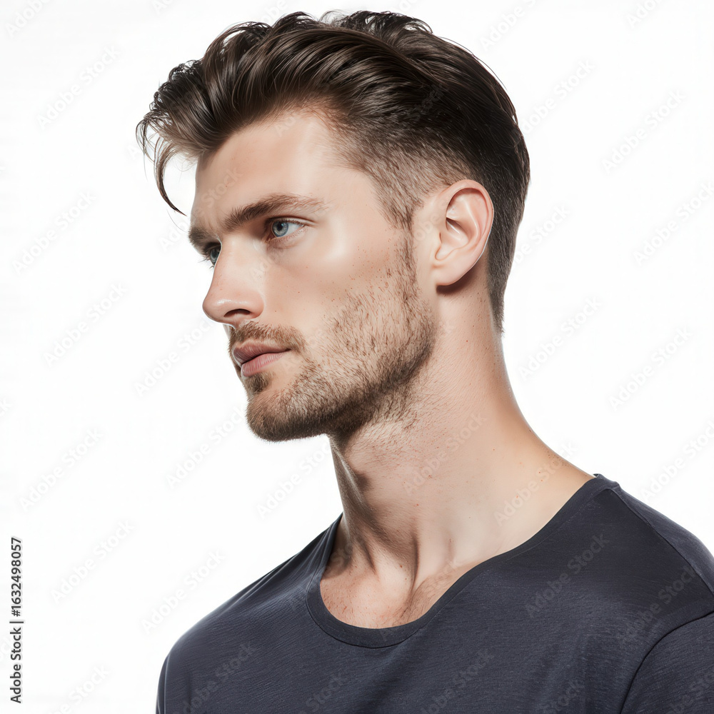 Obraz premium Confident Gaze: A striking headshot captures a handsome man with impeccably groomed hair, exuding an aura of poise, contemplation, and modern sophistication.