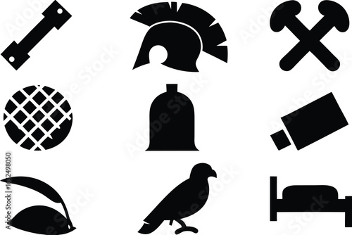 Black and white iconic silhouettes of objects and animals set of icons