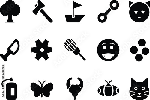 Black and white icons depicting various objects and creatures set of silhouettes