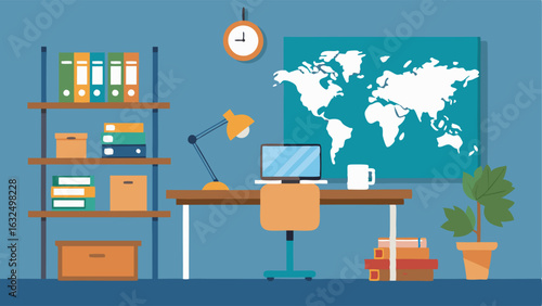 An office space with a wooden desk metal bookshelves and a large world map hanging on the wall.