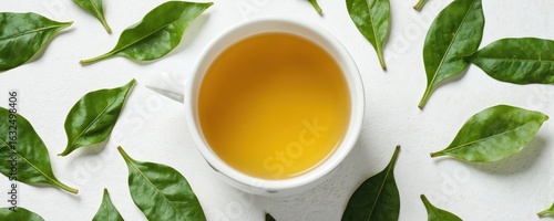 Wallpaper Mural Serene white background features teapot with rich brown tea, slightly tilted. Cup on side with dark tea, contrasting teapot color. Green leaves fill blurred background, suggesting lush landscape. Torontodigital.ca