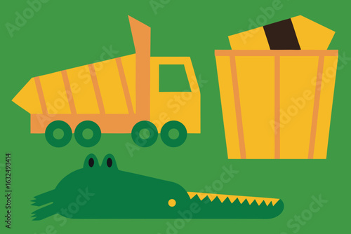 Set of high quality icons Yellow Dump Truck and Bucket with Green Crocodile on Green Background orange