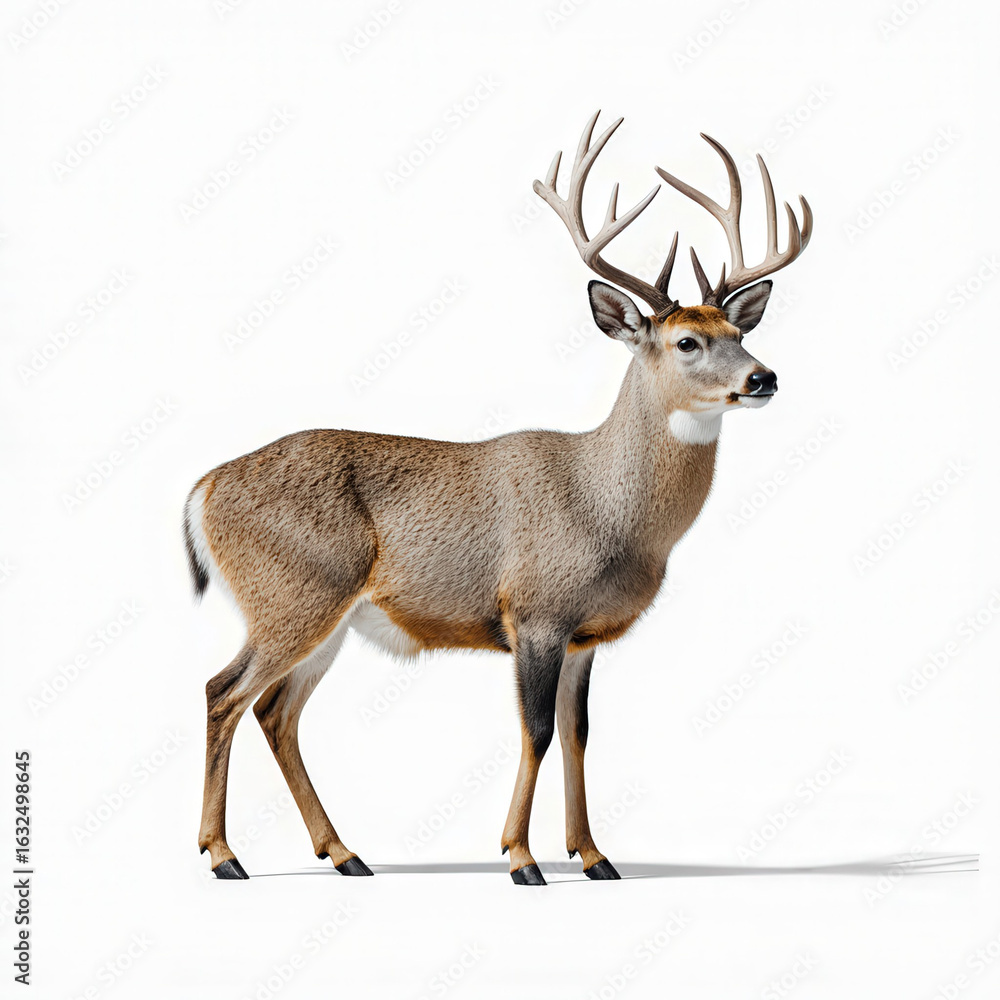 Fototapeta premium Majestic Deer in Standing Pose: A striking image of a majestic deer in a graceful standing pose. Capturing the essence of wilderness and natural beauty.