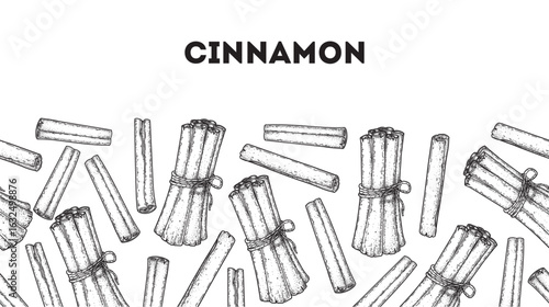 Hand drawn cinnamon sticks. Horizontal seamless pattern. Vector illustration. Cinnamon sticks sketch. Kitchen spice.