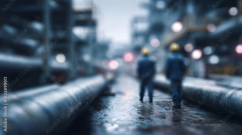Naklejka premium Maintenance workers inspecting pipelines at an energy refinery at night