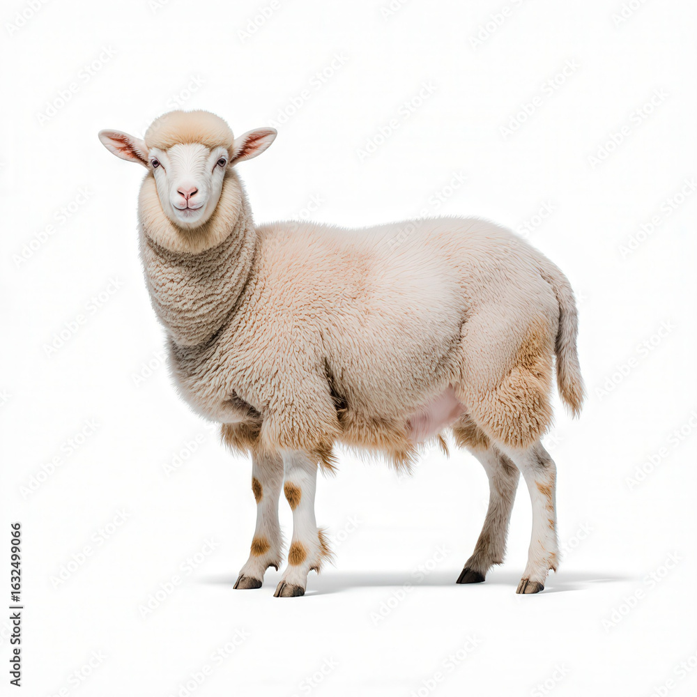 Fototapeta premium Sheep Posing for the Camera: A fluffy sheep confidently poses in front of the camera, displaying its soft fleece and gentle demeanor. Showcasing the tranquility and innocence of rural life.