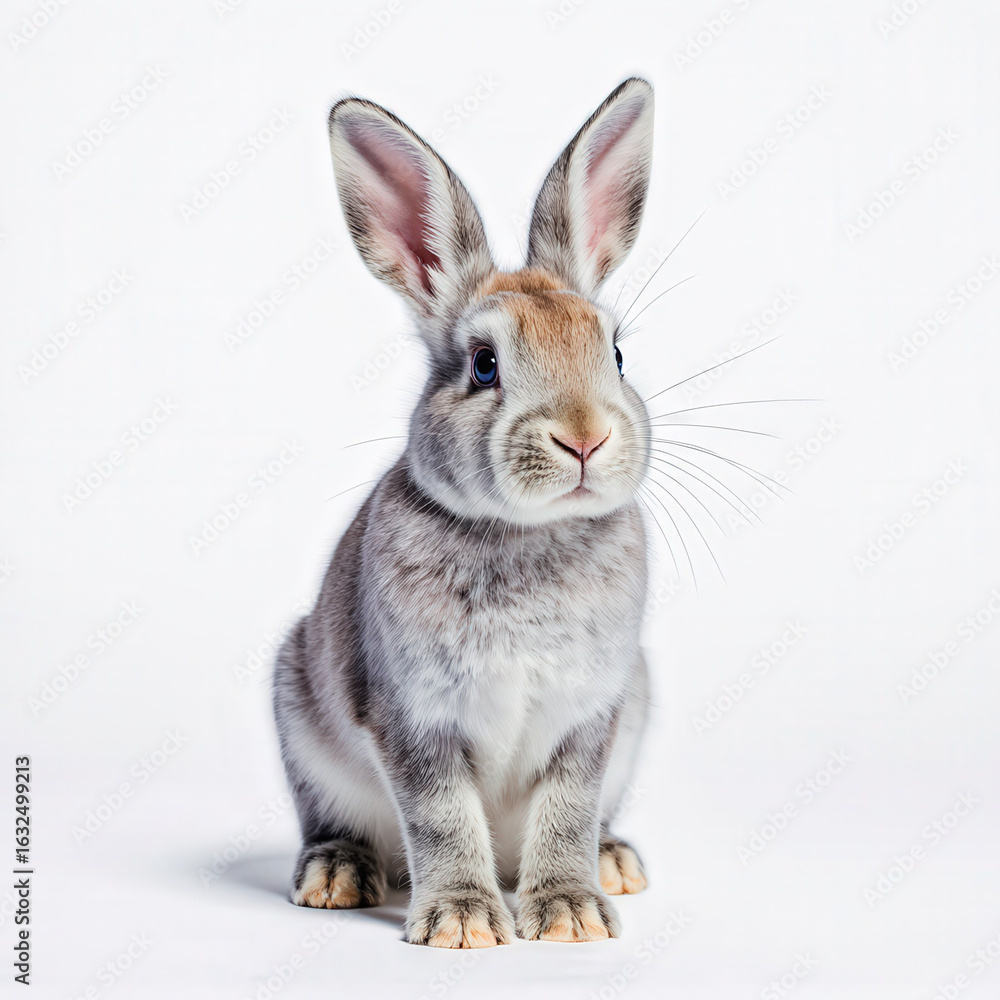 Obraz premium Rabbit in Studio: A captivating close-up of an adorable rabbit with soft, grey fur, delicate whiskers, and upright ears, perfect for illustrating joy and happiness.
