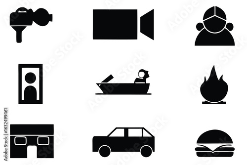 Black and white icons for various objects and activities set of silhouettes