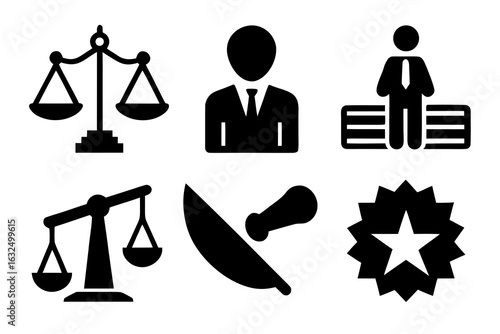 Law and Finance Icons with Scales, Judge, and Money Stack Symbols