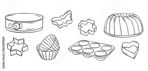 Minimalist sketch collection of baking cookie cutters in monochrome line art. Simple vector illustrations perfect for packaging, labels or bakery logo designs