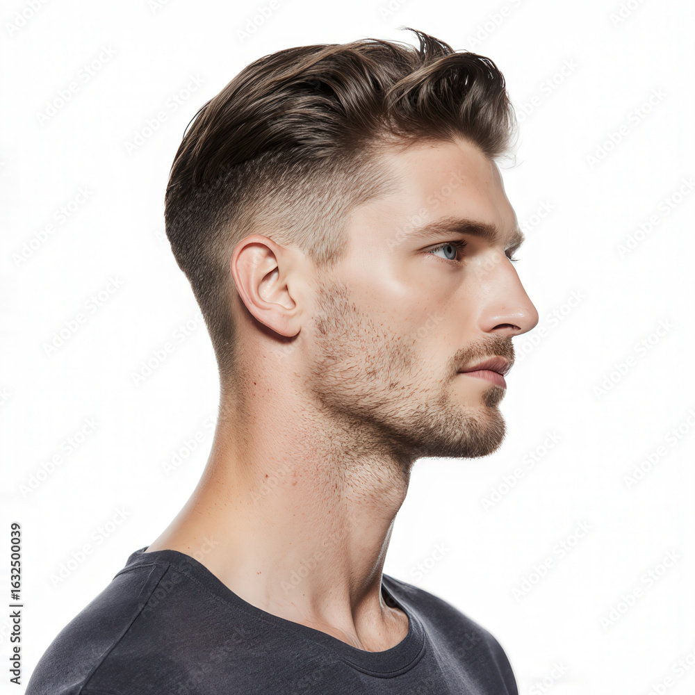 Obraz premium Confident Man: A striking profile view of a handsome man with a perfectly groomed hairstyle showcases his confident gaze, perfect for lifestyle and beauty contexts.