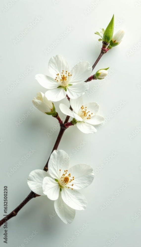 Obraz premium Delicate white blossoms, ethereal leaves on pure white backdrop, image, simple