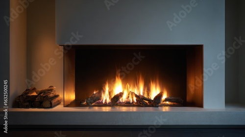 Modern fireplace with burning logs