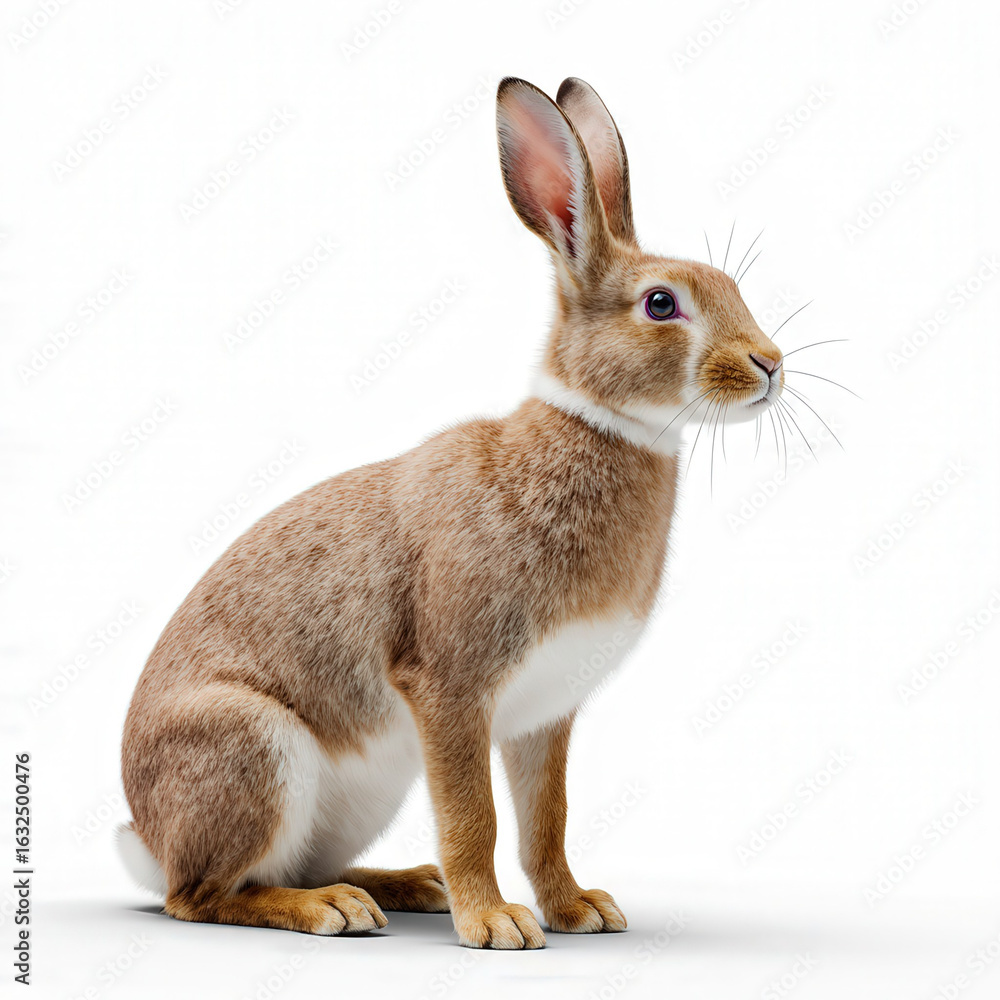 Obraz premium Rabbit in Studio: A captivating studio shot showcases a single rabbit, its ears perked, exuding charm and curiosity. Its coat reflects the studio lighting, highlighting its features.