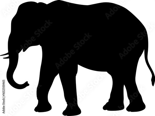 “A solid black silhouette of a baby elephant, centered in the frame, facing left. The elephant's outline is clean and bold in a flat, minimalist graphic style. The posture is calm and still, with no s