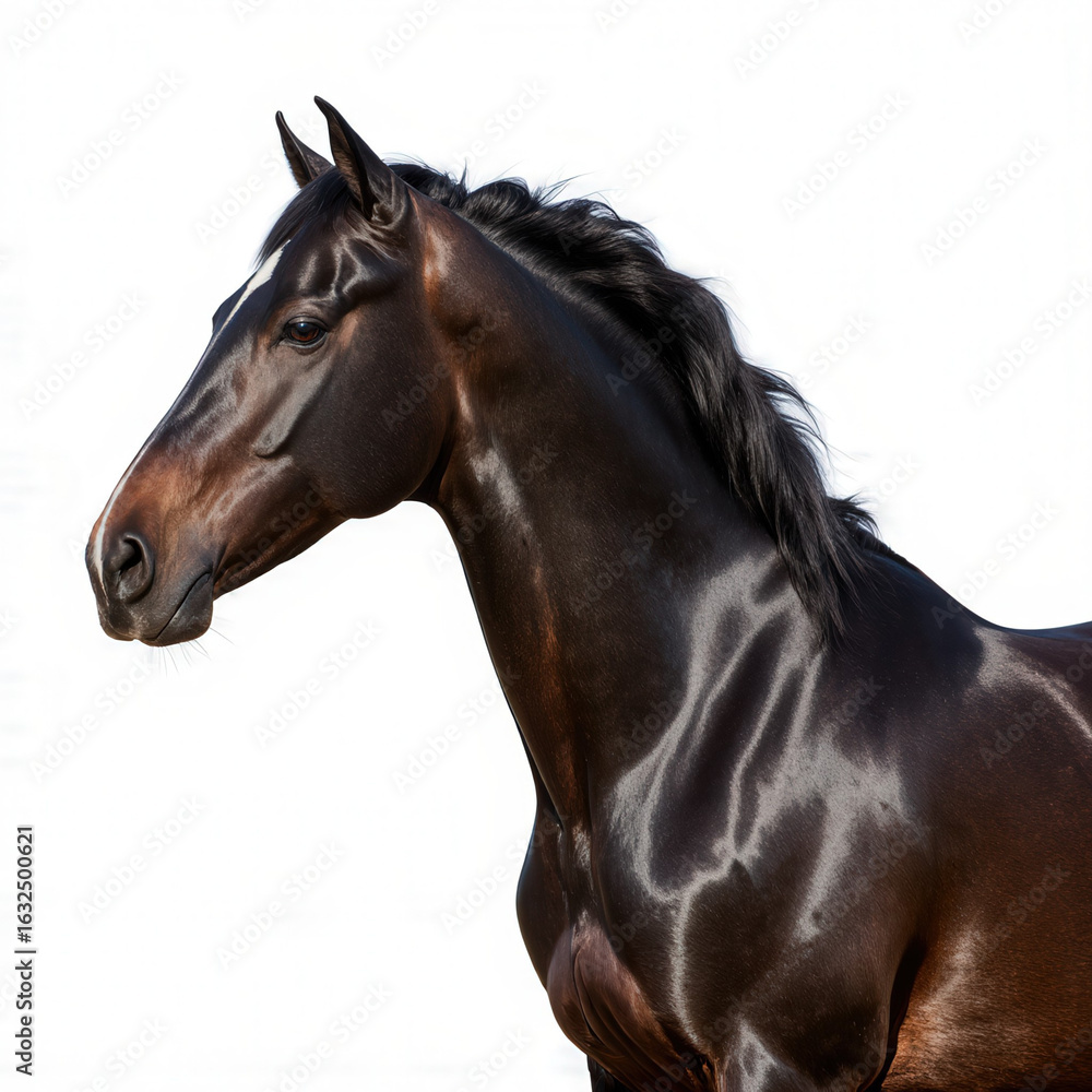 Fototapeta premium Majestic Horse Portrait: A stunning portrait of a beautiful, muscular horse, its sleek, dark coat shimmering with health and vitality. The horse gazes off into the distance.