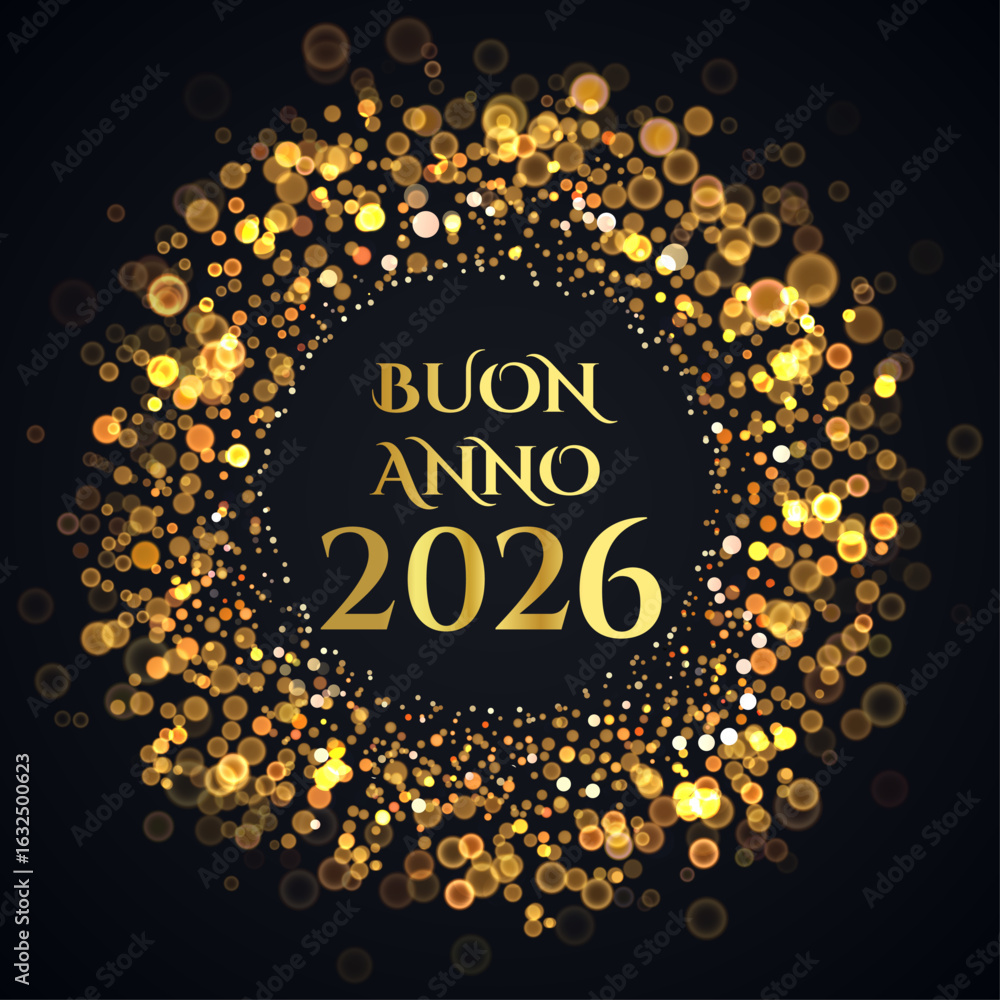 biglietto o striscione per augurare un felice anno nuovo 2026 in oro in un cerchio composto da cerchi color oro con effetto bokeh su sfondo nero