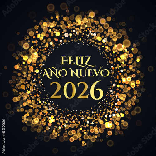 Tarjeta o pancarta para desear un feliz año nuevo 2026 en dorado en un círculo formado por círculos de color dorado en efecto bokeh sobre fondo negro