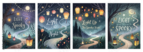 Set of four posters featuring mystical forest paths with glowing lanterns and starry skies