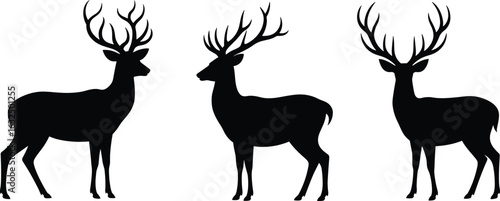 
Three graceful black silhouettes of male deer with impressive antlers, standing in a regal side profile, isolated on a simple white background, for nature and wildlife themes