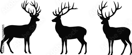 A black silhouette of three majestic stags with large, impressive antlers, standing in a classic side profile pose, isolated on a white background, perfect for wildlife and nature themes