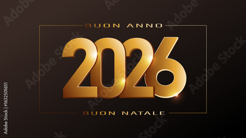 biglietto o striscione per augurare un Buon Natale e un Felice Anno Nuovo in oro in un rettangolo su sfondo nero