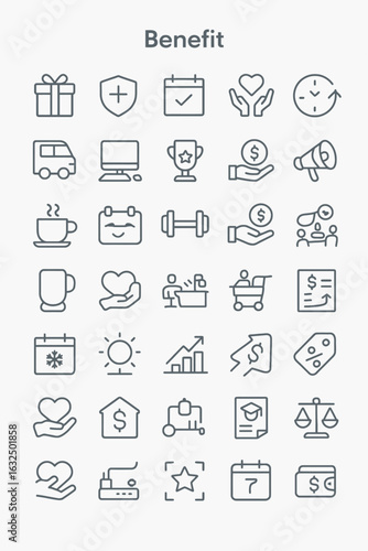 A diverse set of thin line icons representing concepts of employee benefits, rewards, and perks.