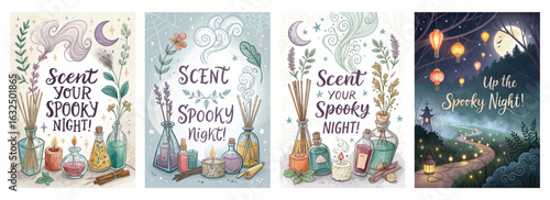 Set of four whimsical posters featuring aromatic bottles and incense with celestial elements