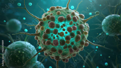Microscopic View of a Virus Cell with Surrounding Particles