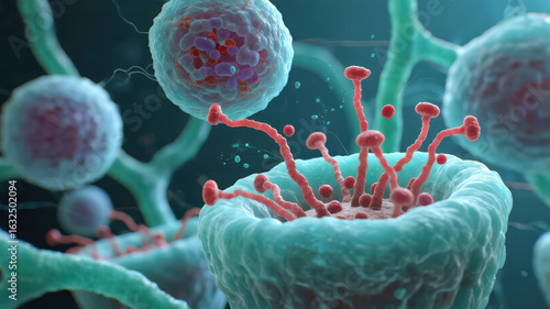 Virus Infection: Microscopic View of Viral Particles Attacking a Cell