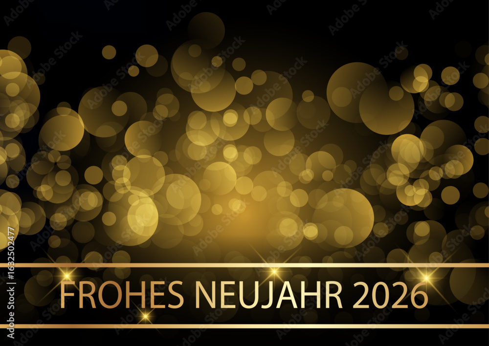 Karte oder Banner, um ein frohes neues Jahr 2026 in Gold auf schwarzem Hintergrund mit goldfarbenen Kreisen im Bokeh-Effekt zu wünschen